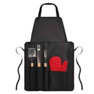 Gadget with logo Apron BBQ toolkit DONAU EAST Gadget with logo, BBQ apron with three different BBQ tools and one glove. Apron in 600D polyester. Available color: Black Dimensions: 74X50X2 CM Width: 50 cm Length: 74 cm Height: 2 cm Volume: 2.867 cdm3 Gross Weight: 0.674 kg Net Weight: 0.654 kg Depending on the surface we can use embroidery, engraving, 360° imprint or screen print.