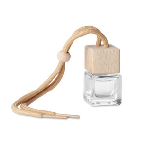 Gadget with logo FRESH CAR AIR. Refillable car air freshener with logo. Capacity 5 ml. New car fragrance diffuser with essential oils. Glass container with beech wood lid.  Depending on the surface we can use embroidery, engraving, 360° imprint or screenprint.