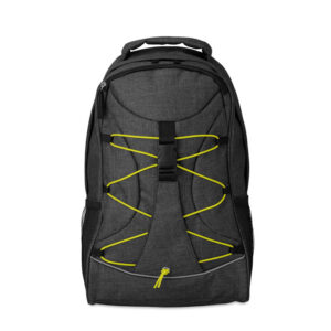 Backpack with logo MONTE LEMA Backpack with logo in 600D 2 tone polyester with colorful contrasting facing. Glow in the dark cord on the front panel. Mesh pockets on both sides. Depending on the surface we can use embroidery, engraving, 360° imprint or screenprint.