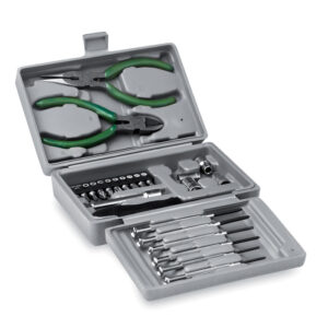 Gadget with logo tool set GUILLAUME. Foldable tool set with logo 25 pieces: tweezers 6 pc screwdriver set extender 4 pc socket set flat-nose pliers cutting pliers 10pc bit set packed in a plastic box We use different printing techniques to add your logo. Depending on the surface we can use embroidery, engraving, 360° imprint or screenprint.