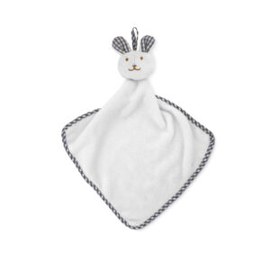 Towel with logo HUG ME. Plush baby towel with logo in velvet polyester. With rabbit design on the top. 180gr/m². We use different printing techniques to add your logo. Depending on the surface we can use embroidery, engraving, 360° imprint or screenprint.