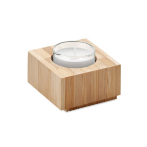 Gadget with logo tealight holder LUXOR Gadget with logo tealight holder in bamboo with tealight included. Depending on the surface we can use embroidery, engraving, 360° imprint or screen print.