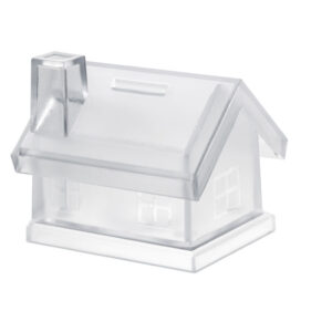 Gadget with logo coin bank house MYBANK Gadget with logo coin bank house shaped. Plastic material. Depending on the surface we can use embroidery, engraving, 360° imprint or screen print.