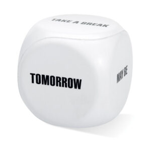 Gadget with logo stress ball RELICUP. Anti-stress ball with logo decision dice shape (Take a break, tomorrow, may be, yes,no). Comes in PU material. We use different printing techniques to add your logo. Depending on the surface we can use embroidery, engraving, 360° imprint or screenprint.