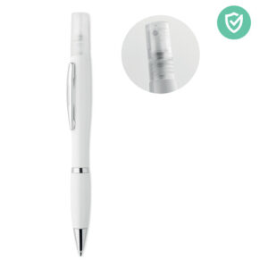 Pen with logo RIO SPRAY Pen with logo with antibacterial push button. In ABS with barrel and empty refillable spray container. ISO 22196. Blue ink. Available color: White Dimensions: Ø1,4X16 CM Height: 16 cm Diameter: 1.4 cm Volume: 0.051 cdm3 Gross Weight: 0.015 kg Net Weight: 0.014 kg Depending on the surface we can use embroidery, engraving, 360° imprint or screen print.
