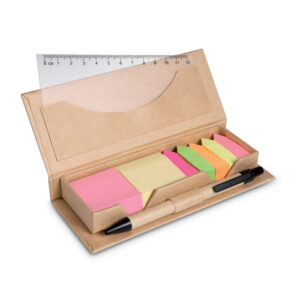 Sticky notes with logo STIBOX Recycled cardboard sticky notes with logo and matching pen. Medium sticky notes pads in 2 colors and 5 assorted colors page markers. Matching push button ball pen with paper barrel. Blue ink. Pen holder. Pocket with 12 cm PP transparent ruler. Depending on the surface we can use embroidery, engraving, 360° imprint or screen print.