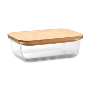 Lunchbox with logo TUNDRA Lunchbox with logo in glass with bamboo lid and silicone band. Capacity 900 ml. Bamboo is a natural product, there may be slight variations in colour and size per item, which can affect the final decoration outcome. Depending on the surface we can use embroidery, engraving, 360° imprint or screen print.