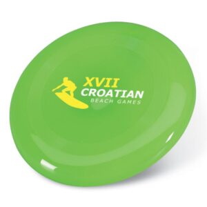 Beach gadget with logo frisbee SYDNEY Beach gadget with logo frisbee in plastic, concave disk of 23 cm. Available in many colors. Used for various catching games by sailing it between two or more players. Thrown by making it spin as it is released with a flick of the wrist. Depending on the surface we can use embroidery, engraving, 360° imprint or screen print.