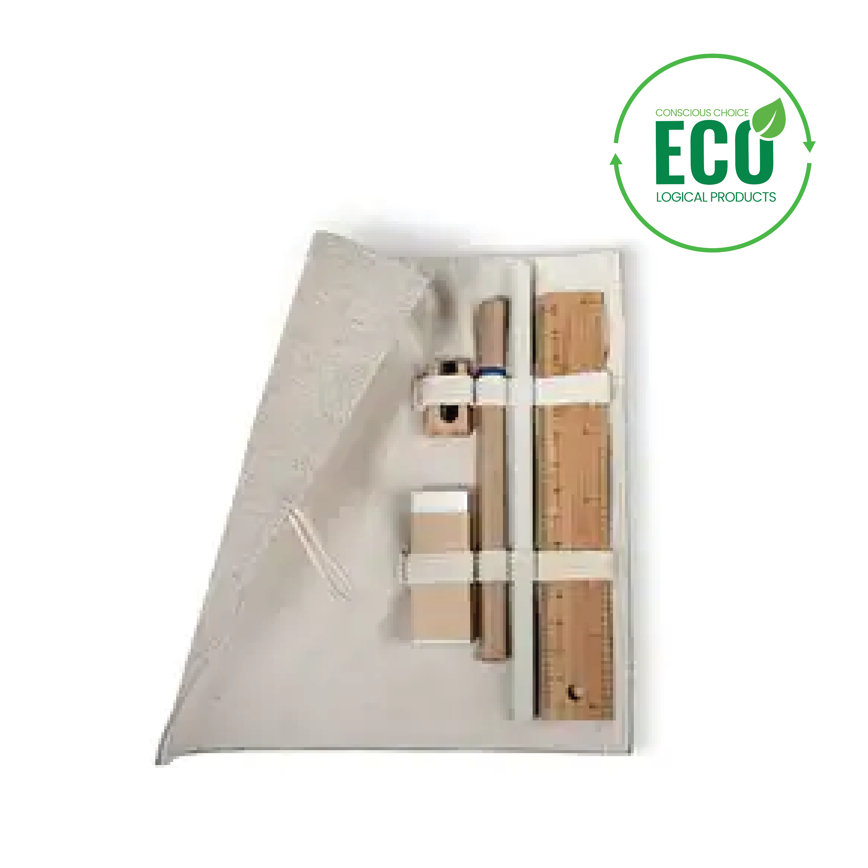 Pen set with logo ECOSET Pen set with logo, Includes jute and cotton pouch, bamboo ruler,wooden sharpener, eraser, paper pencil, ball pen with cardboard barreland blue ink. Available color: Wood Dimensions: 18,5X18 CM Width: 18 cm Length: 18.5 cm Volume: 0.289 cdm3 Gross Weight: 0.074 kg Net Weight: 0.068 kg Depending on the surface we can use embroidery, engraving, 360° imprint or screen print.