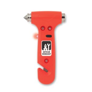 Gadget with logo Emergency hammer. Emergency gadget with logo 3 in 1 emergency hammer with belt cutter. With LED light made of ABS. 3 AG3 batteries included. Depending on the surface we can use embroidery, engraving, 360° imprint or screenprint.