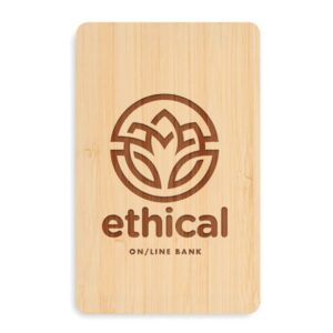 Gadget with logo Anti-skimming card Gadget with logo anti-skimming card in bamboo case. By using an electromagnetic field it makes all 13.56 MHz cards (trains, buses, bank or credit cards) secure from electronic pick pocketing 2-3 cm around the card. (1,3 mm). Depending on the surface we can use embroidery, engraving, 360° imprint or screen print.