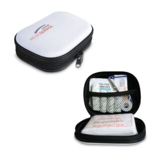 Gadget with logo first aid kit EVA Gadget with logo first aid kit in EVA material. Includes 1 pair of scissors, 3 pad bandages, 1 triangular bandage, 1 roll of cotton, 2 cleaning tissues, 5 adhesive bandages, 1 roll of tape and 6 cotton buds. Depending on the surface we can use embroidery, engraving, 360° imprint or screen print.