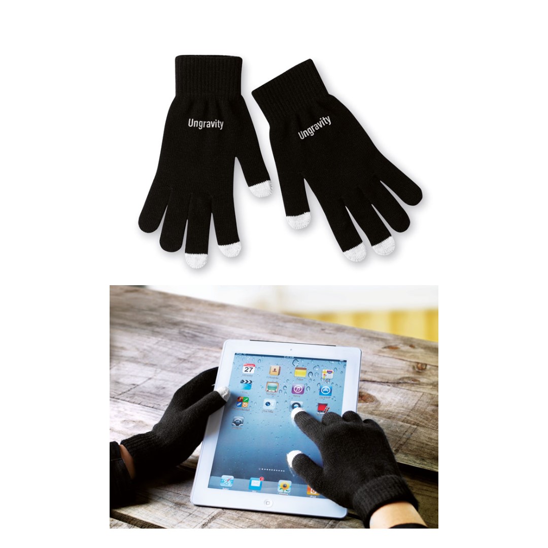 Gadget with logo Tactile gloves for smartphones TACTO Gadget with logo Tactile gloves for smartphones in acrylic. The 3 tactile extremities of the fingers are composed of 0.5% in stainless steel fiber, 89.5% in acrylic, 10% in spandex. Depending on the surface we can use embroidery, engraving, 360° imprint or screen print.