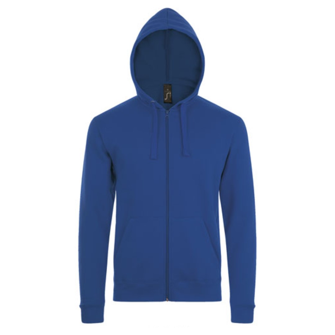 Hoodie with logo Stone Hoodie with logo unisex, full zipper and with kangaroo pocket at the front. Hood with drawstring with tone-on-tone cords. Ribbed cuff at the hem and sleeves. Side seam. No neck label. Fabric details: 260g/m², brushed material in 50% cotton - 50 % polyester. Depending on the surface we can use embroidery, engraving, 360° imprint or screen print.