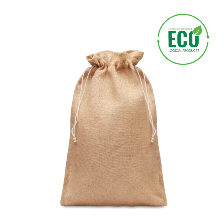 JUTE SMALL Jute draw cord bag Small jute gift bag 14 x 22 cm with logo |Magnus Business Gifts