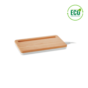 Wireless charger with logo KERALA Wireless charger  with logo with bamboo top, USB hub and smartphone stand/holder. USB output DC5V/1A. Wireless output: DC5V/1A (5W). Compatible latest androids, iPhone® 8, X and newer. Including type-C cable. Bamboo is a natural product, there may be slight variations in color and size per item, which can affect the final decoration outcome. Available color: White Dimensions: 18,5X11,5X1,4 CM Width: 11.5 cm Length: 18.5 cm Height: 1.4 cm Volume: 0.607 cdm3 Gross Weight: 0.208 kg Net Weight: 0.186 kg Depending on the surface we can use embroidery, engraving, 360° imprint or screen print.