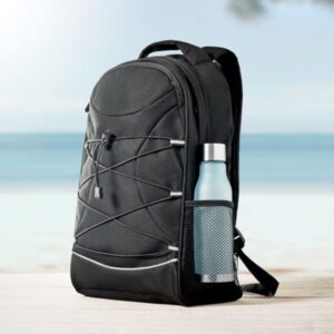 Backpack with logo MONTE LOMO Backpack with logo in 600D RPET with dark cords in front. Reflective front panel feature. Mesh pockets on both sides. Depending on the surface we can use embroidery, engraving, 360° imprint or screenprint.