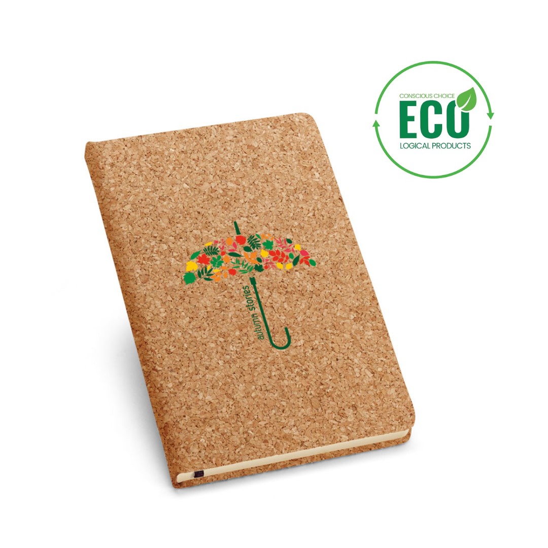 Notebook with logo A5 NOTECORK A5 notebook with logo and soft cork cover. Cork is 100% natural material. Case-bound. 192 lined recycled paper pages (96 sheets). Due to its structural nature and surface porosity the final print result per item may have deviations. Depending on the surface we can use embroidery, engraving, 360° imprint or screen print. Magnus Business Gifts anticipated on what society expects today: focus on corporate social responsibility. Combined with our top service, if required, without extra service for low budget solutions. Magnus Business Gifts is your partner for merchandising, gadgets or unique business gifts since 1967. Certified with Ecovadis gold 2022!