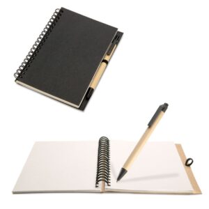 Notebook with logo BLOQUERO Recycled paper notebook with logo and pen. Twin-wire. 140 plain recycled paper pages (70 sheets). Push button ball pen in recycled carton and biodegradable plastic. Blue ink. Black elastic pen holder. Depending on the surface we can use embroidery, engraving, 360° imprint or screen print.