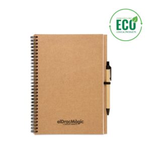 Notebook with logo BLOQUERO PLUS Recycled paper notebook with logo and pen. Twin-wire. 140 plain recycled paper pages (70 sheets). Push button ball pen in recycled carton and biodegradable plastic. Blue ink. Black elastic pen holder. Depending on the surface we can use embroidery, engraving, 360° imprint or screen print. Magnus Business Gifts anticipated on what society expects today: focus on corporate social responsibility. Combined with our top service, if required, without extra service for low budget solutions. Magnus Business Gifts is your partner for merchandising, gadgets or unique business gifts since 1967. Certified with Ecovadis gold 2022!