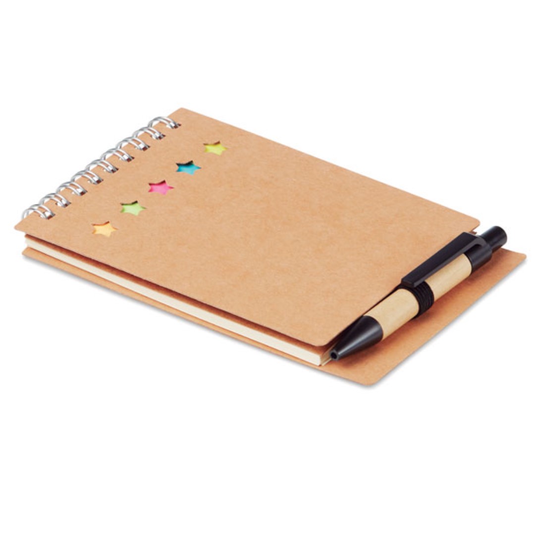 Notebook with logo MULTIBOOK Recycled notebook with logo and pen and sticky memo pad. Soft recycled paper cover. Twin-wired. 40 lined sheets. Elastic pen holder. 25 sheet sticky notes pads and 5 assorted colors page markers. Push button ball pen in recycled carton and biodegradable plastic. Blue ink. Dimensions: 13X9X0,5CM Width: 9 cm Length: 13 cm Height: 0.5 cm Depending on the surface we can use embroidery, engraving, 360° imprint or screen print.