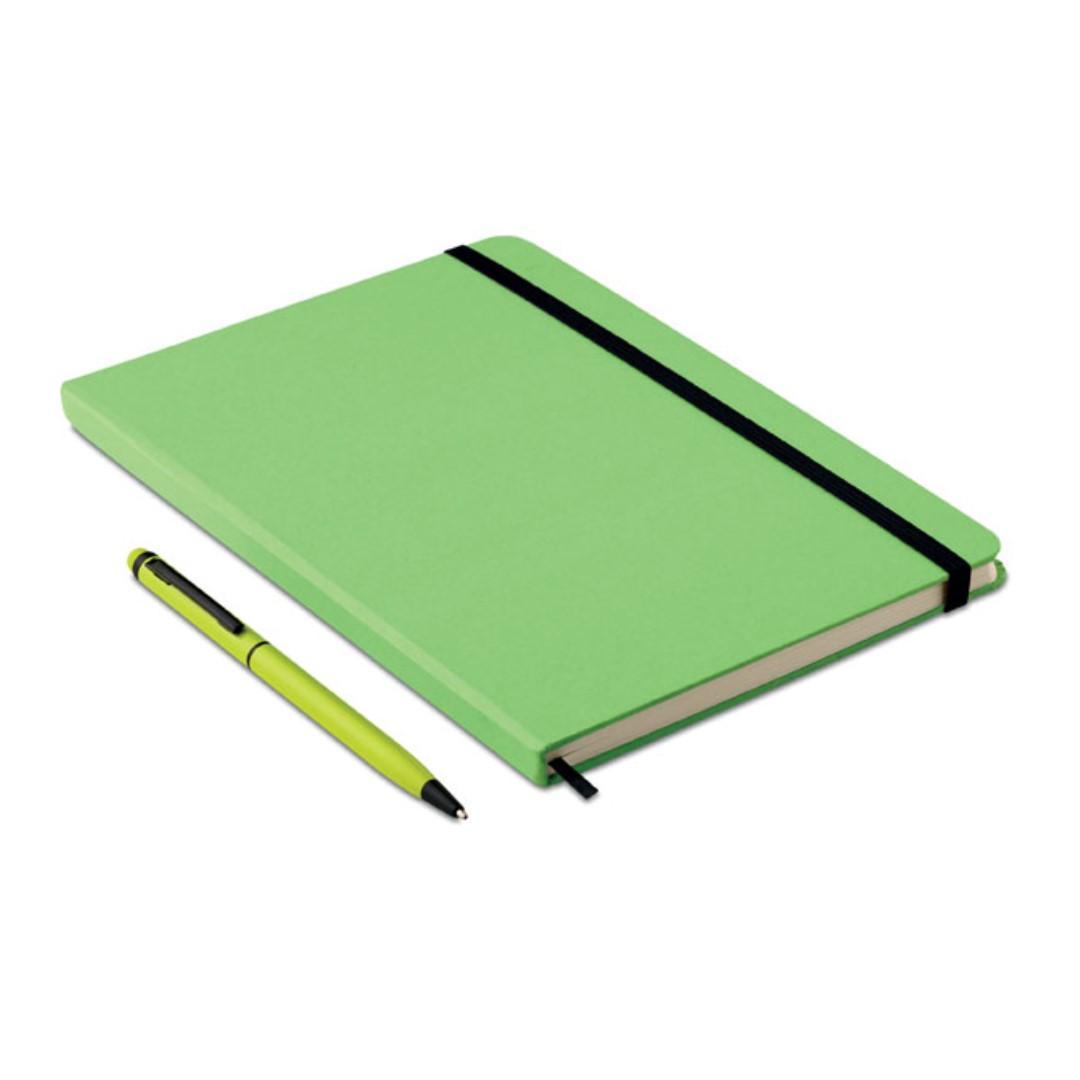 Notebook with logo A5 NEILO SET A5 notebook with logo 2-in-1 stylus ball pen and hard PU cover. Casebound. 144 lined pages (72 sheets). Matching ball pen with touch screen stylus. Blue ink. Matching elastic closure strap and ribbon bookmark. Depending on the surface we can use embroidery, engraving, 360° imprint or screen print.