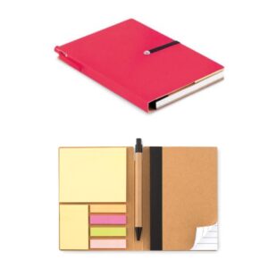 Notebook with logo RECONOTE Recycled carton notebook with logo and sticky notes pad and pen. Soft recycled carton cover notebook. Case-bound. 140 lined pages (70 sheets). Large and medium sticky notes pads and 4 assorted colors page markers. Matching push button ball pen in recycled carton and ABS details. Black ink. Matching elastic closure strap. Depending on the surface we can use embroidery, engraving, 360° imprint or screen print.