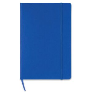 Notebook with logo SQUARED A5 Notebook with logo and hard PU cover. Casebound. 192 squared pages (96 sheets). Matching elastic closure strap and ribbon bookmark. Dimensions: 21X14X1,41 CM. Available in blue, black and red. Depending on the surface we can use embroidery, engraving, 360° imprint or screen print.