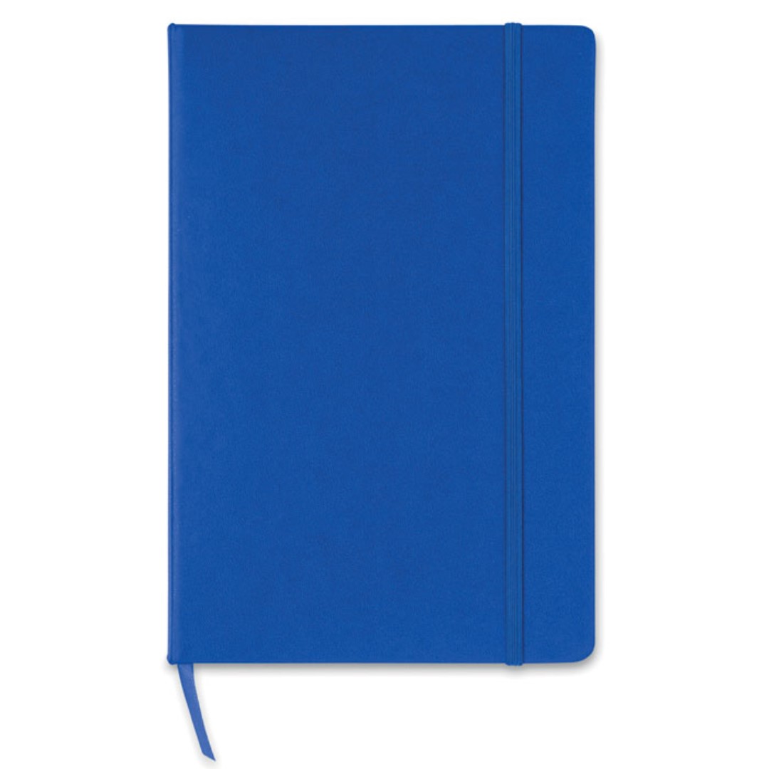 Notebook with logo SQUARED A5 Notebook with logo and hard PU cover. Casebound. 192 squared pages (96 sheets). Matching elastic closure strap and ribbon bookmark. Dimensions: 21X14X1,41 CM. Available in blue, black and red. Depending on the surface we can use embroidery, engraving, 360° imprint or screen print.