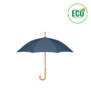 Gadget with logo umbrella CUMULI RPET Gadget with logo 23 inch auto open umbrella in 190T RPET pongee with wooden shaft, tips and top. Black plated metal ribs. Curved natural finish wooden handle. Manual closure. Available colors: Blue, Black, Grey Dimensions: Ø104X89 CM Height: 89 cm Diameter: 104 cm Volume: 1.764 cdm3 Gross Weight: 0.433 kg Net Weight: 0.375 kg Depending on the surface we can use embroidery, engraving, 360° imprint or screen print.