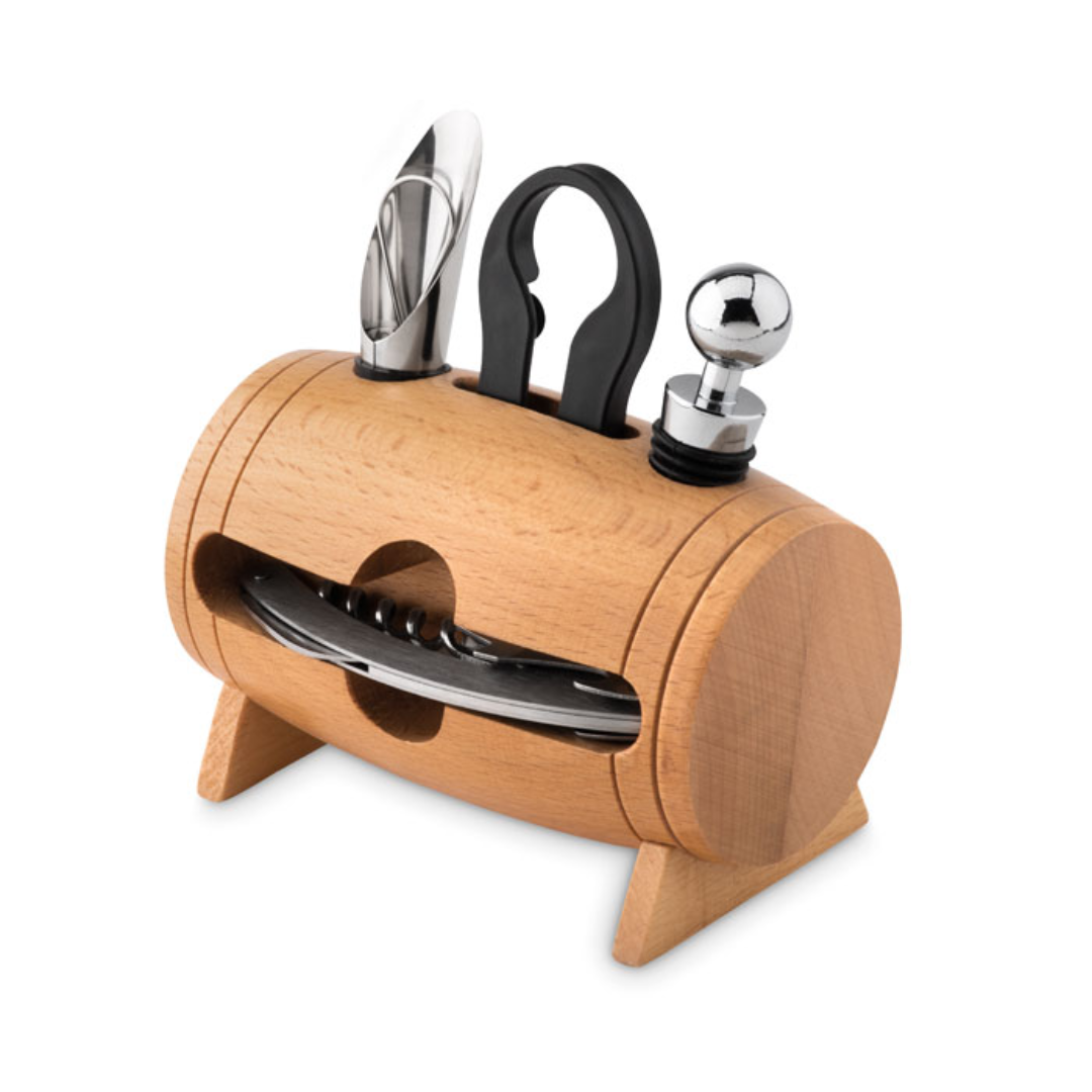 Wine accessoire with Logo Wooden stand BOTA Wooden stand with 4 wine accessories. Including: waiters knife, wine stopper, wine pourer with stopper and foil cutter. Available color: Wood Dimensions: 13X8X14CM Width: 8 cm Length: 13 cm Height: 14 cm Volume: 1.819 cdm3 Gross Weight: 0.481 kg Net Weight: 0.383 kg Magnus Business Gifts is your partner for merchandising, gadgets or unique business gifts since 1967. Certified with Ecovadis gold!