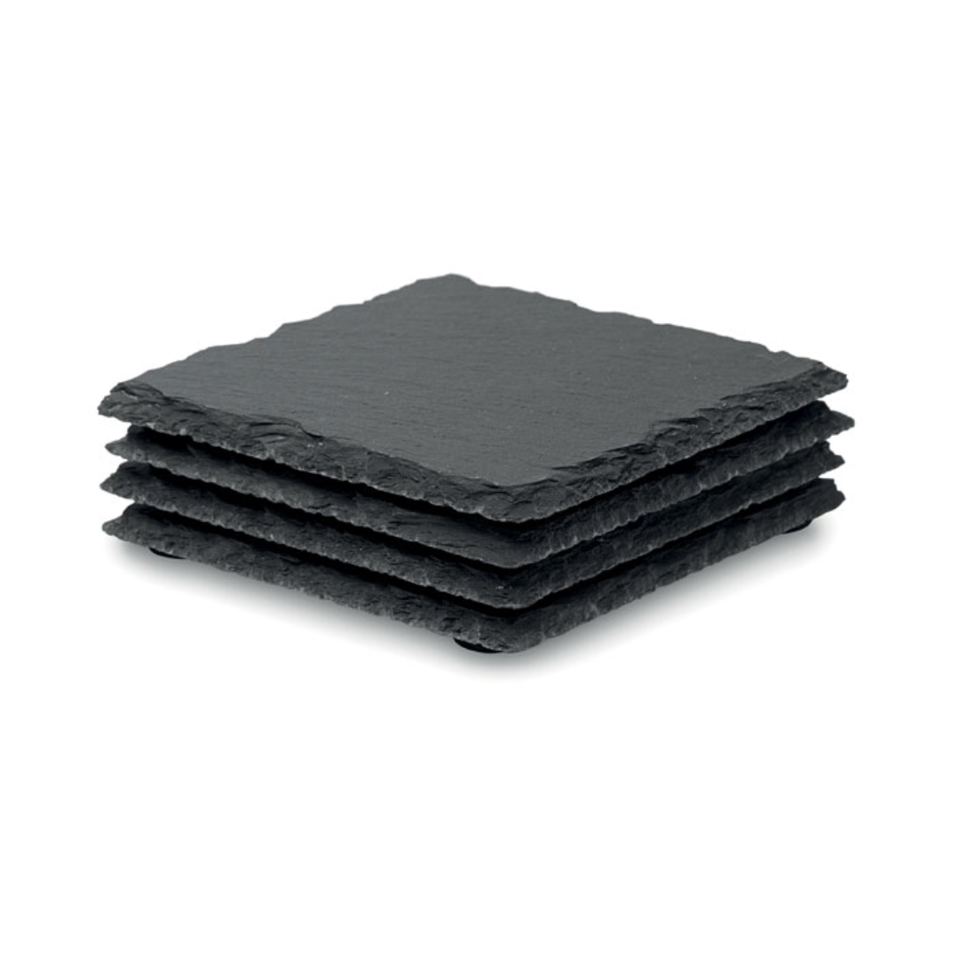 Wine accessoire with logo Apéro coasters SLATE4 Set of 4 apéro coasters made of slate with EVA bottom. Available color: Black Dimensions: 10X10X0.3CM Width: 10 cm Length: 10 cm Height: 0.3 cm Volume: 0.701 cdm3 Gross Weight: 0.585 kg Net Weight: 0.528 kg Magnus Business Gifts is your partner for merchandising, gadgets or unique business gifts since 1967. Certified with Ecovadis gold!