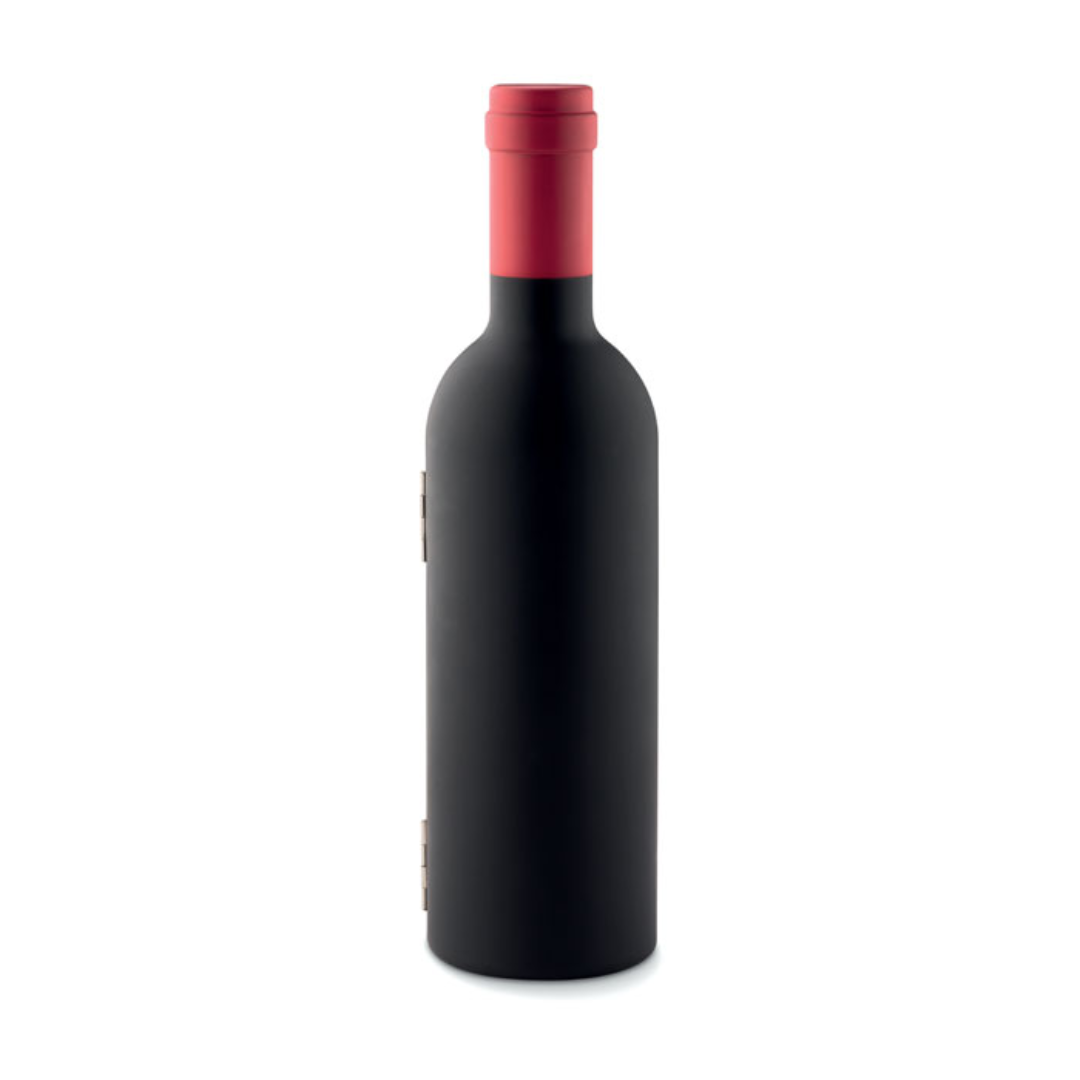 Wine accessoire with logo Bottle shape set SETTIE Wine set presented in bottle shaped box. With wine stopper, corkscrew and anti drip collar. Magnetic closing. Available color: Black Dimensions: Ø6X23CM Height: 23 cm Diameter: 6 cm Volume: 1.414 cdm3 Gross Weight: 0.265 kg Net Weight: 0.212 kg Magnus Business Gifts is your partner for merchandising, gadgets or unique business gifts since 1967. Certified with Ecovadis gold!