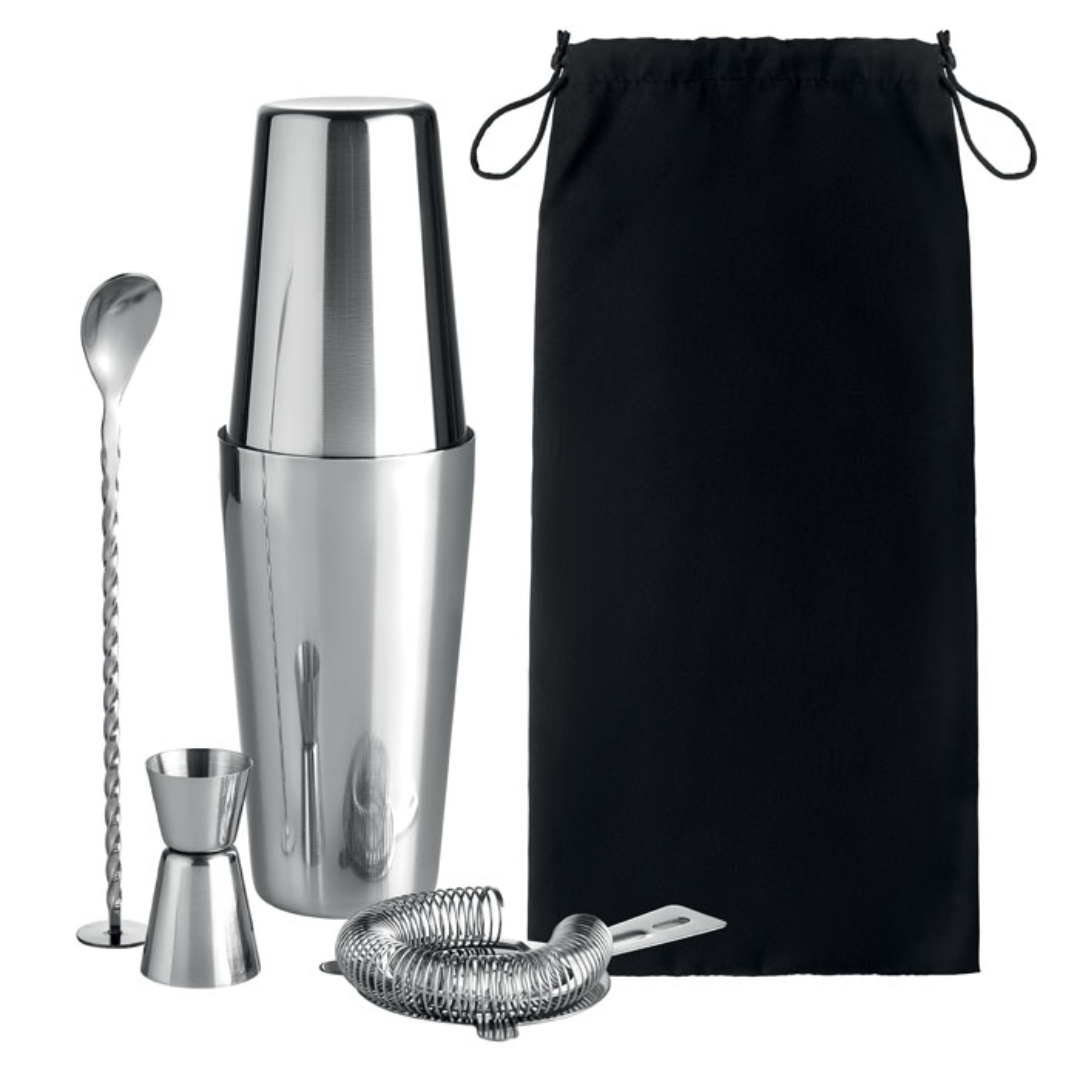 Gadget with logo Cocktail set BOSTON Stainless steel cocktail set with 750 ml shaker, measuring jug (30 ml), spoon for stirring and sieve in cotton pouch. Release your inner bartender and create the most delicious classic cocktails with this set. Everything you need in one complete set. What drink will you make? Dimensions: 9X9X22.5CM Width: 9 cm Length: 9 cm Height: 22.5 cm Volume: 2.44 cdm3 Gross Weight: 0.528 kg Net Weight: 0.424 kg Magnus Business Gifts is your partner for merchandising, gadgets or unique business gifts since 1967. Certified with Ecovadis gold!