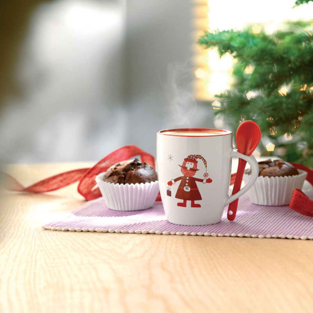 Christmas gadget with logo Mug CLAUS Ceramic mug with integrated spoon with Santa Claus decoration. Individual matching design gift box. Available color: Multicolor Dimensions: Ø8X10 CM Height: 10 cm Diameter: 8 cm Volume: 1.454 cdm3 Gross Weight: 0.358 kg Net Weight: 0.345 kg Magnus Business Gifts is your partner for merchandising, gadgets or unique business gifts since 1967. Certified with Ecovadis gold!