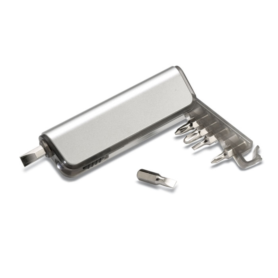 Gadget with logo Multitool ALUTOOL Multi-tool holder and LED torch with logo in ABS casing with metallic finish. Includes 6 different interchangeable screwdriver heads. 3 cell batteries included. Available color: Grey Dimensions: 10X3,2X1,6 CM Width: 3.2 cm Length: 10 cm Height: 1.6 cm Volume: 0.128 cdm3 Gross Weight: 0.069 kg Net Weight: 0.059 kg Magnus Business Gifts is your partner for merchandising, gadgets or unique business gifts since 1967. Certified with Ecovadis gold!