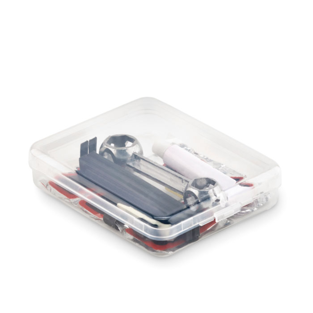Gadget with logo Bike repair kit REPAIR Bike repair kit with 1 wrench, 2 tyre levers, 1 glue, 2 valve caps, 2 valve tubes, 1 grater, 5 repair patches. Presented in transparent box. With this set you will have everything you need when your bicycle breaks down on you. Get back on your wheels and cycle on! Available color: Transparent Dimensions: 12X9X2,8CM Width: 9 cm Length: 12 cm Height: 2.8 cm Volume: 0.351 cdm3 Gross Weight: 0.083 kg Net Weight: 0.078 kg Magnus Business Gifts is your partner for merchandising, gadgets or unique business gifts since 1967. Certified with Ecovadis gold!