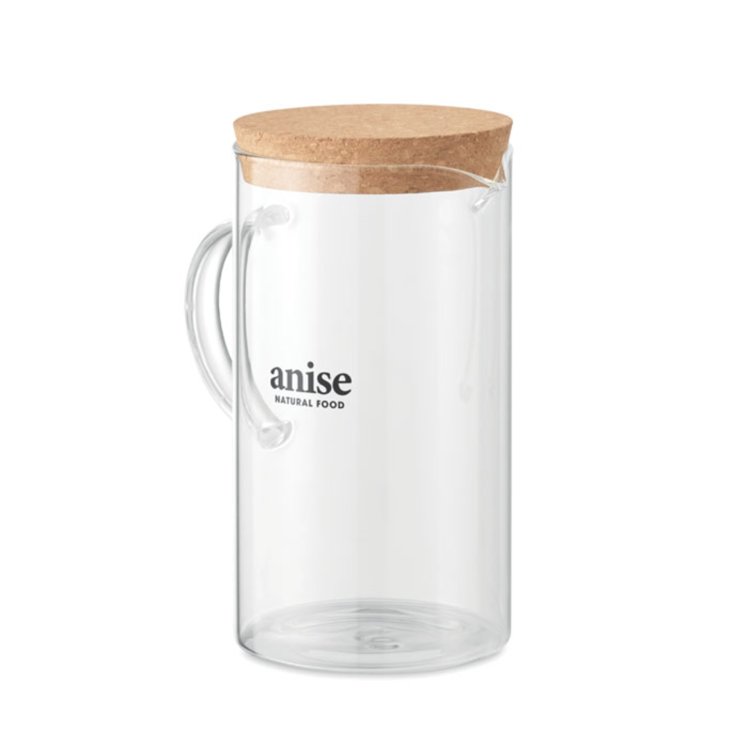 Water bottle with logo OSNA BOLD Borosilicate glass water/juice decanter with logo with cork lid. Capacity: 1L. Present fresh made juices, lemonade, water or other drinks in this glass jug. Because it is made from borosilicate glass, it can also hold hot liquids. Available color: Transparent Dimensions: 14X18.5CM Width: 18.5 cm Length: 14 cm Volume: 3.3 cdm3 Gross Weight: 0.493 kg Net Weight: 0.385 kg Magnus Business Gifts is your partner for merchandising, gadgets or unique business gifts since 1967. Certified with Ecovadis gold!