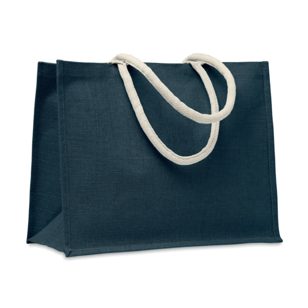 Gadget with logo Bag AURA Jute laminated shopping or beach bag with logo with cotton handle. Short handles. Carry weight limit: 2.5kgs. The jute material makes this bag stand out and look natural. It's the perfect tote bag for grocery shopping or to be used as a beach bag. Available color: Turquoise, Red, Blue Dimensions: 43X20X34CM Width: 20 cm Length: 43 cm Height: 34 cm Volume: 1.64 cdm3 Gross Weight: 0.29 kg Net Weight: 0.229 kg Magnus Business Gifts is your partner for merchandising, gadgets or unique business gifts since 1967. Certified with Ecovadis gold!