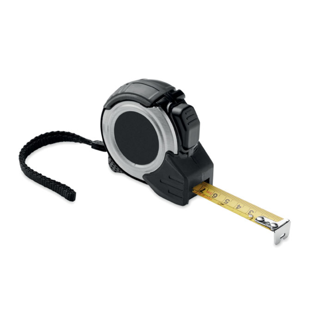 Gadget with logo Measuring tape MESPRO 5M measuring tape with logo with shockproof rubber casing and Auto Stop function. Includes silver metal clip on the back and wrist strap. A must-have tool for the DIY amateur or professional. A simple tool to measure everything you need. Available color: Black Dimensions: 7,4X7,2X3,6CM Width: 7.2 cm Length: 7.4 cm Height: 3.6 cm Volume: 0.34 cdm3 Gross Weight: 0.22 kg Net Weight: 0.195 kg Magnus Business Gifts is your partner for merchandising, gadgets or unique business gifts since 1967. Certified with Ecovadis gold!