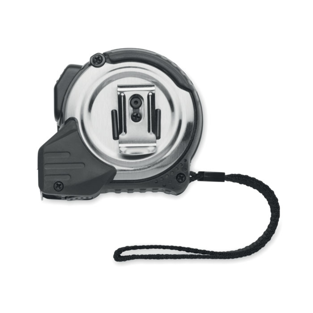 Gadget with logo Measuring tape MESPRO 5M measuring tape with logo with shockproof rubber casing and Auto Stop function. Includes silver metal clip on the back and wrist strap. A must-have tool for the DIY amateur or professional. A simple tool to measure everything you need. Available color: Black Dimensions: 7,4X7,2X3,6CM Width: 7.2 cm Length: 7.4 cm Height: 3.6 cm Volume: 0.34 cdm3 Gross Weight: 0.22 kg Net Weight: 0.195 kg Magnus Business Gifts is your partner for merchandising, gadgets or unique business gifts since 1967. Certified with Ecovadis gold!