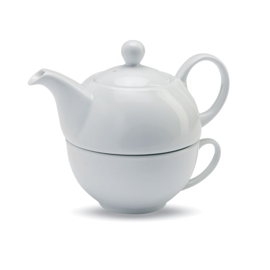 Gadget with logo Tea set TEA TIME Tea set with logo including a teapot of 400 ml capacity and a white ceramic cup. Presented in a black gift box. Available color: White Dimensions: 12,5X12,5X13 CM Width: 12.5 cm Length: 12.5 cm Height: 13 cm Volume: 3.2 cdm3 Gross Weight: 0.754 kg Net Weight: 0.488 kg Magnus Business Gifts is your partner for merchandising, gadgets or unique business gifts since 1967. Certified with Ecovadis gold!