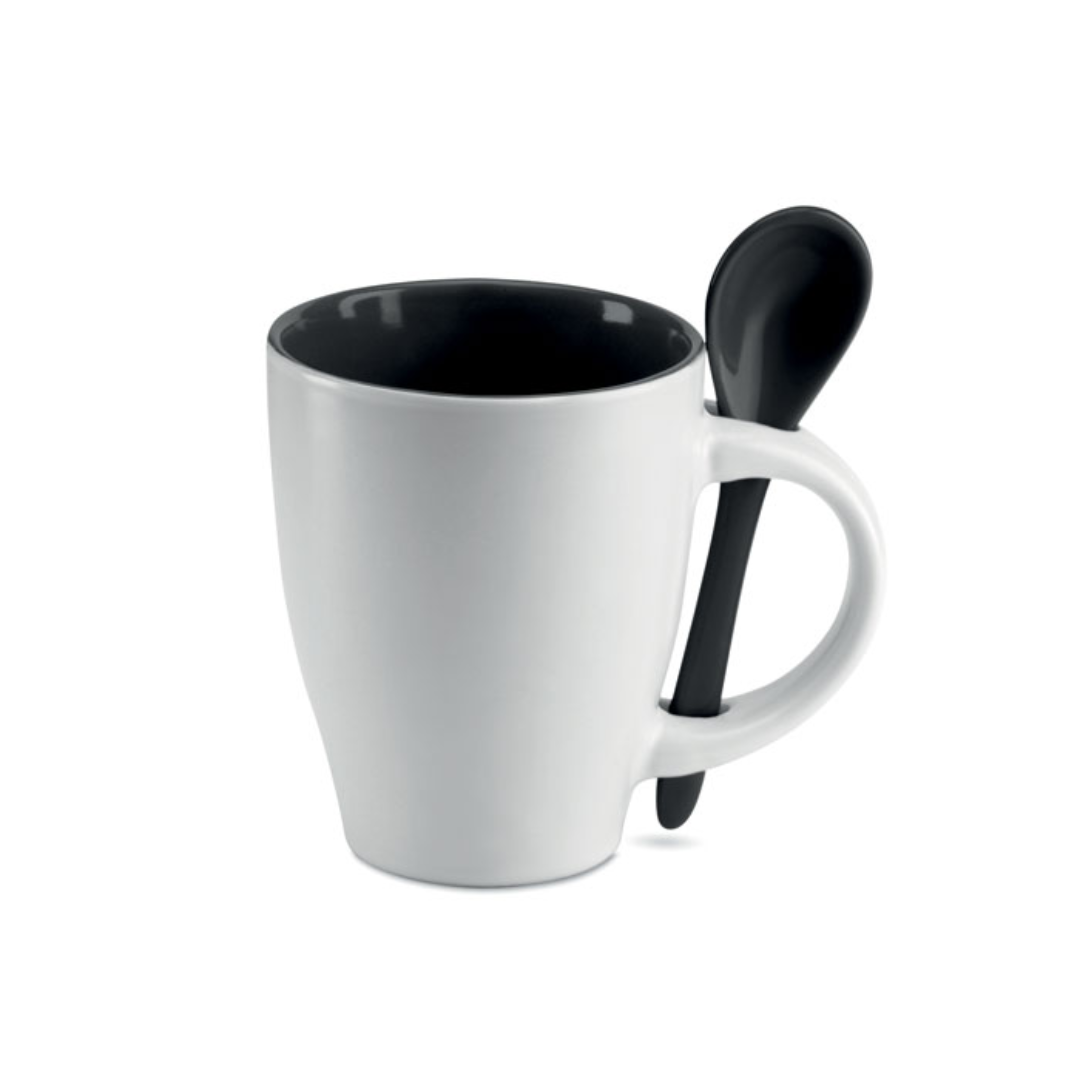 Mug with logo DUAL Bicolour ceramic coffee mug with logo of 250 ml capacity with colour matching spoon. Individual box: 11,5x10,5x9,3cm. Available color: Orange, Green, Blue, Black Dimensions: Ø7X10 CM Height: 10 cm Diameter: 7 cm Volume: 1.187 cdm3 Gross Weight: 0.328 kg Net Weight: 0.298 kg Magnus Business Gifts is your partner for merchandising, gadgets or unique business gifts since 1967. Certified with Ecovadis gold!