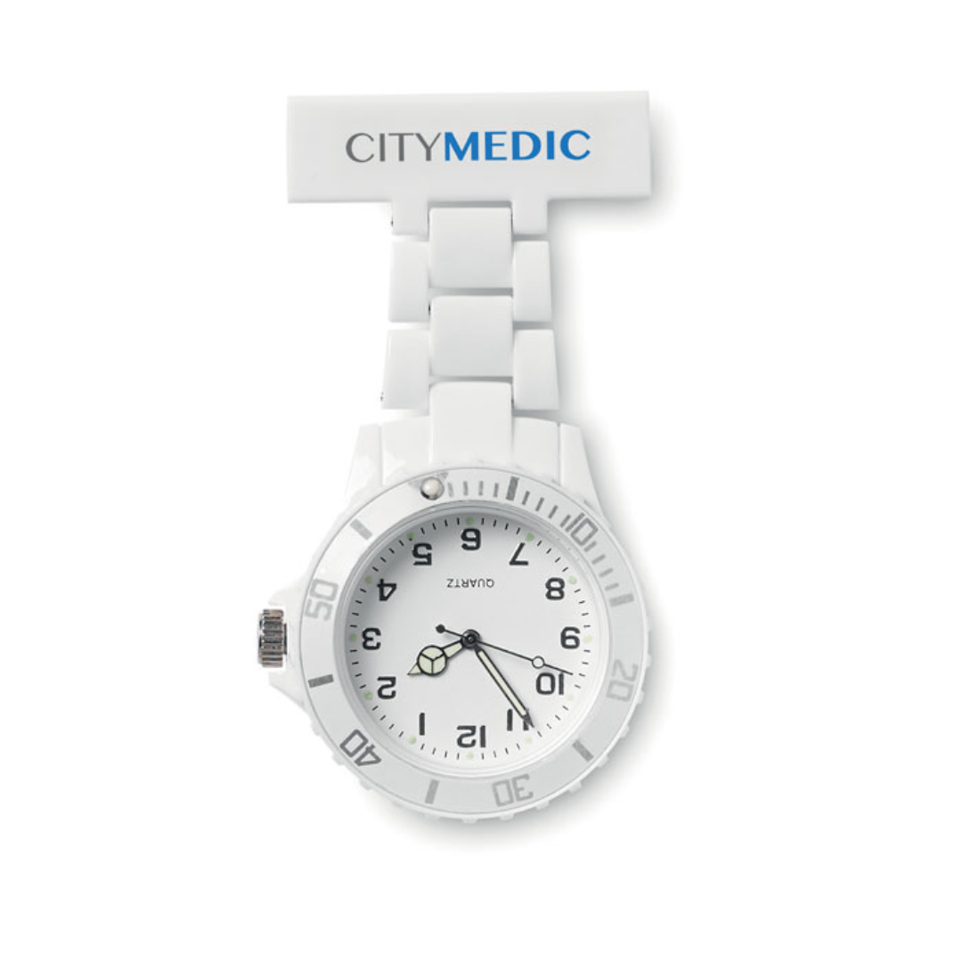 Gadget with logo Watch NURWATCH Analogue nurses watch with logo. Includes 1 cell battery. Available color: White Dimensions: Ø4X8X1,2 CM Width: 1.2 cm Height: 8 cm Diameter: 4 cm Volume: 0.142 cdm3 Gross Weight: 0.028 kg Net Weight: 0.022 kg Magnus Business Gifts is your partner for merchandising, gadgets or unique business gifts since 1967. Certified with Ecovadis gold!