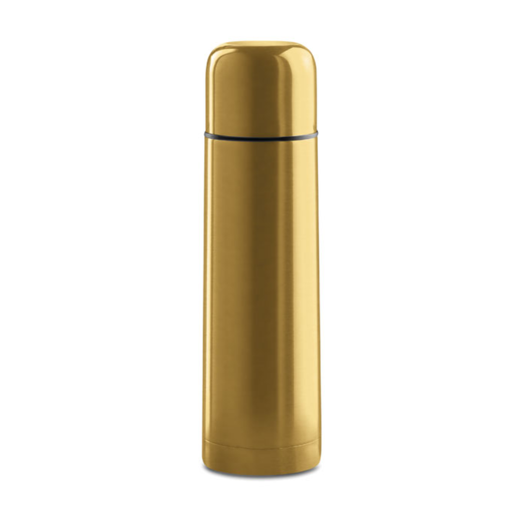 Water bottle with logo CHAN Double wall stainless steel insulating vacuum water bottle with logo. Capacity: 500 ml. Leak free. This insulating flask will keep your favourite drink hot for an extended period of time. Bring this bottle with you and enjoy some coffee or tea on the road. Available color: Matt Gold, Red, Fuchsia, Orange, Black, Lime, Turquoise, Blue, White, Matt Silver, Titanium Dimensions: Ø6,5X24 CM Height: 24 cm Diameter: 6.5 cm Volume: 1.673 cdm3 Gross Weight: 0.358 kg Net Weight: 0.285 kg Magnus Business Gifts is your partner for merchandising, gadgets or unique business gifts since 1967. Certified with Ecovadis gold!