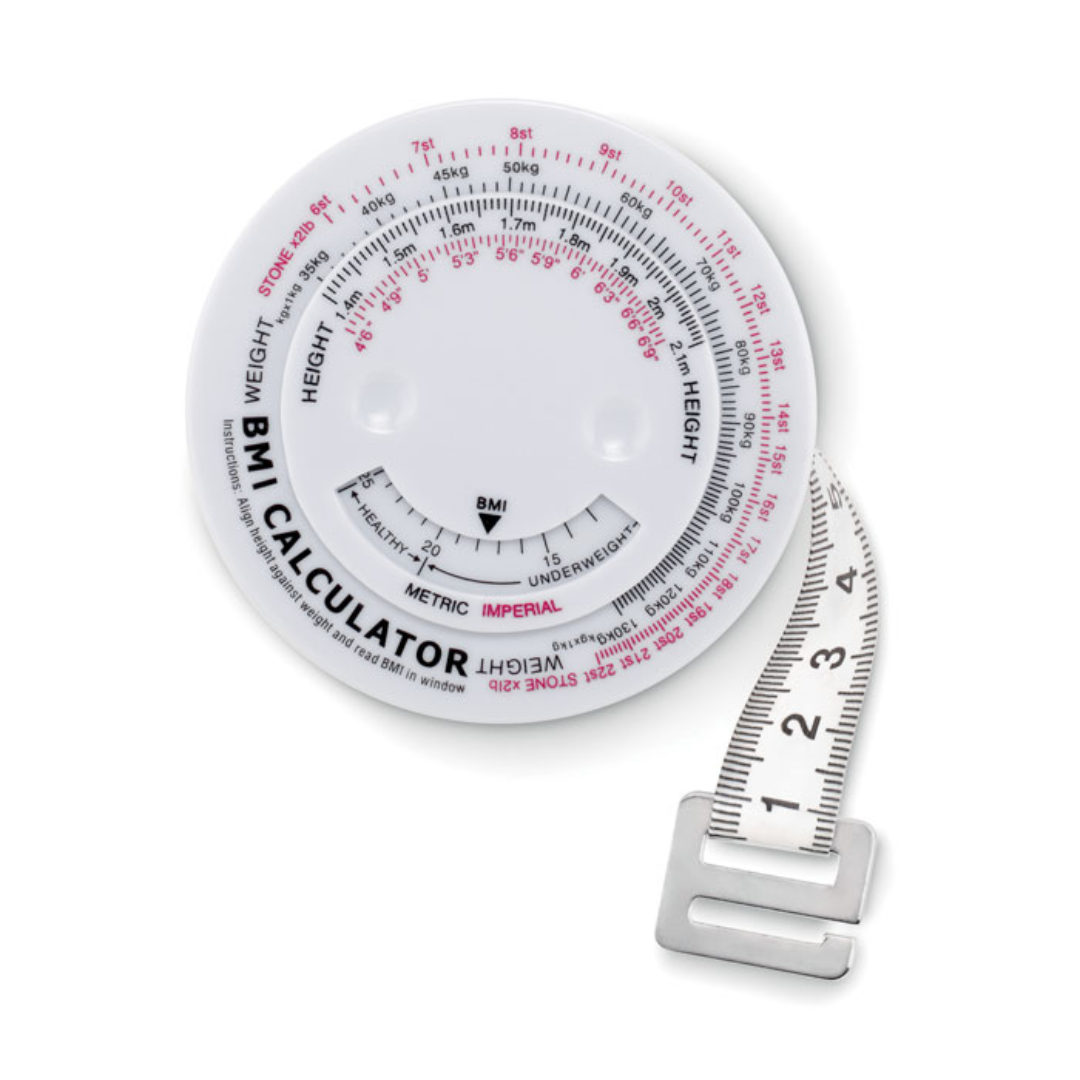 Gadget with logo Measuring tape MEASURE IT BMI measuring tape with logo in ABS. Available color: White Dimensions: Ø7X2CM Height: 2 cm Diameter: 7 cm Volume: 0.21 cdm3 Gross Weight: 0.062 kg Net Weight: 0.055 kg Magnus Business Gifts is your partner for merchandising, gadgets or unique business gifts since 1967. Certified with Ecovadis gold!