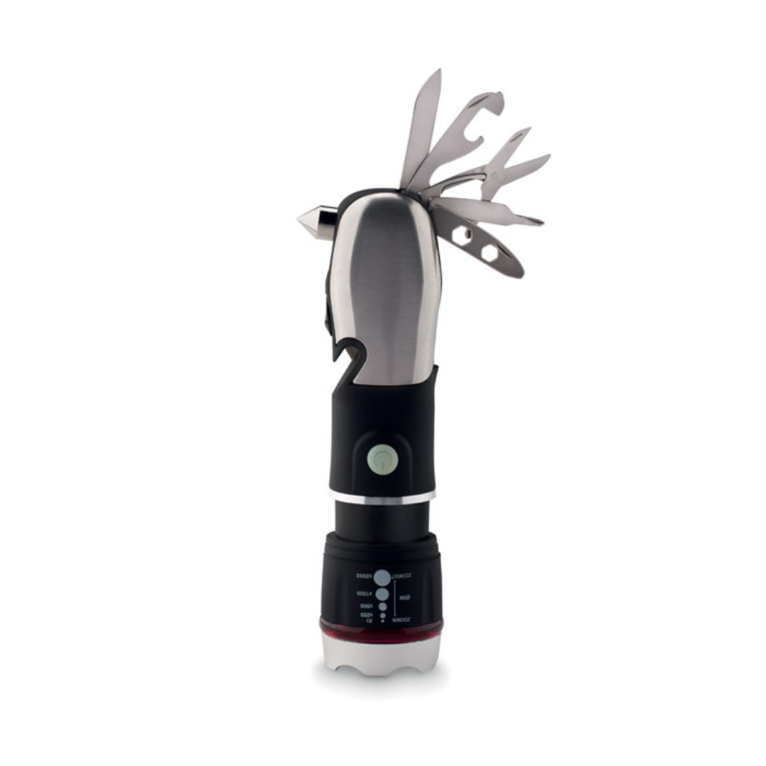 Gadget with logo Multitool HAMLIGHT Multi-tool with logo with torch, safety hammer and cutter. Includes 9 tool functions. ABS with rubberised finish. 3 light settings with zoom function. 3 AAA batteries not included. Available color: Black Dimensions: Ø3,8X16 CM Height: 16 cm Diameter: 3.8 cm Volume: 0.58 cdm3 Gross Weight: 0.186 kg Net Weight: 0.155 kg Magnus Business Gifts is your partner for merchandising, gadgets or unique business gifts since 1967. Certified with Ecovadis gold!