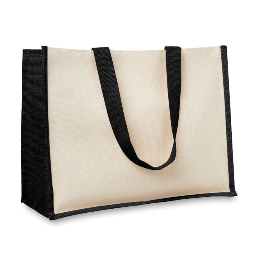 Gadget with logo Totebag CAMPO DE FIORI Jute shopping bag with logo laminated with front in canvas and cotton webbing. Long handles. Available color: Red, Black, Lime, Beige, Blue Dimensions: 42X19X33 CM Width: 19 cm Length: 42 cm Height: 33 cm Volume: 1.075 cdm3 Gross Weight: 0.255 kg Net Weight: 0.219 kg Magnus Business Gifts is your partner for merchandising, gadgets or unique business gifts since 1967. Certified with Ecovadis gold!