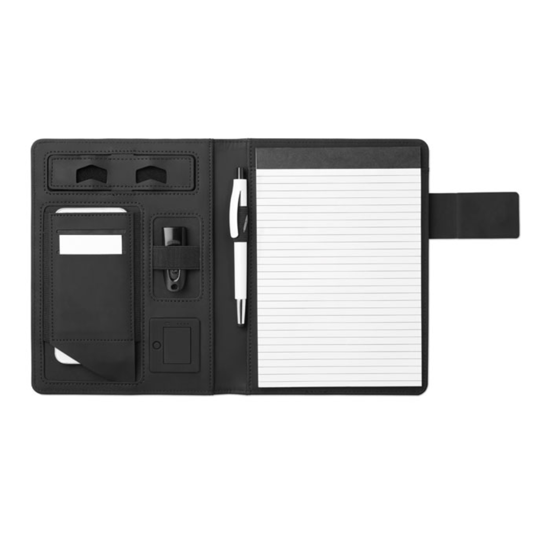 Gadget with logo Folder POWERNOTY A5 conference folder with linen-PU cover. 4000 mAh power bank. Built-in micro USB to a Type C connector. 20 lined sheets notepad. Multiple internal compartments. Magnetic closure. Elastic pen holder. Available color: Black Dimensions: 17,5X22,5X2 CMWidth: 22.5 cmLength: 17.5 cmHeight: 2 cmVolume: 1.399 cdm3Gross Weight: 0.444 kgNet Weight: 0.369 kg Magnus Business Gifts is your partner for merchandising, gadgets or unique business gifts since 1967. Certified with Ecovadis gold!