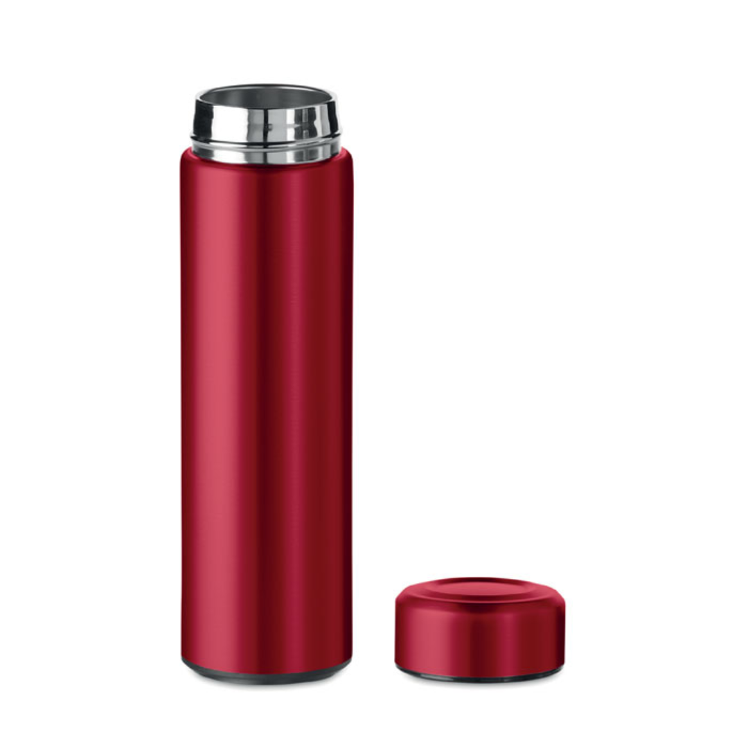 Water bottle with logo PATAGO Double wall stainless steel insulating vacuum flask with additional tea infuser. Capacity 425 ml. Leak free. Available color: White, Red, Turquoise, Blue, Matt Silver, Black Dimensions: Ø6X22.5CM Height: 22.5 cm Diameter: 6 cm Volume: 1.406 cdm3 Gross Weight: 0.31 kg Net Weight: 0.257 kg Magnus Business Gifts is your partner for merchandising, gadgets or unique business gifts since 1967. Certified with Ecovadis gold!